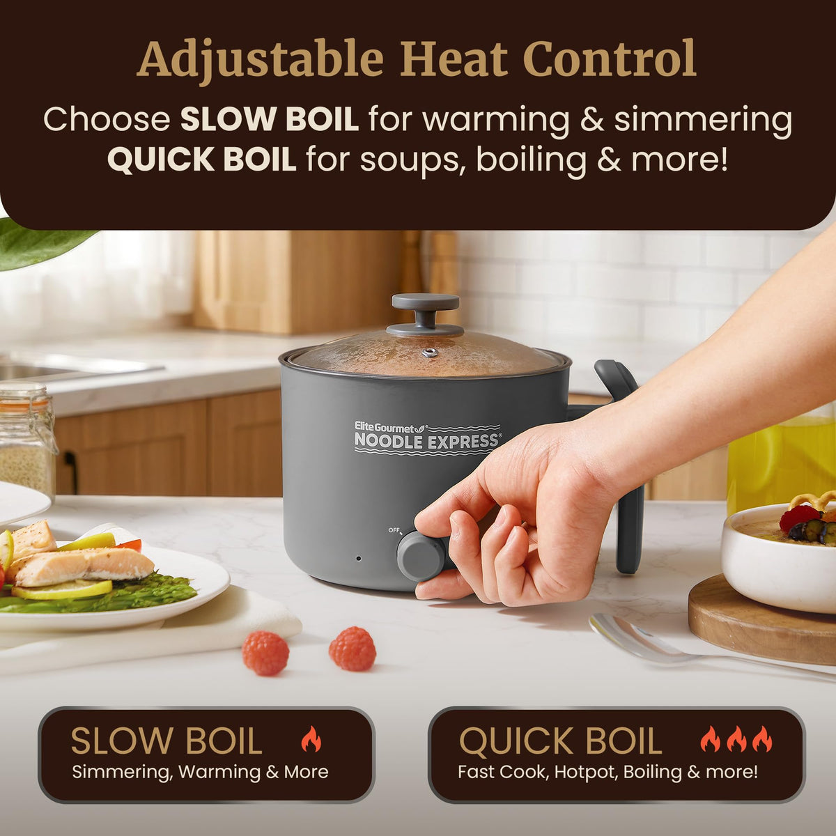 Elite Gourmet Noodle Express soup bowl, perfect for hearty single servings.