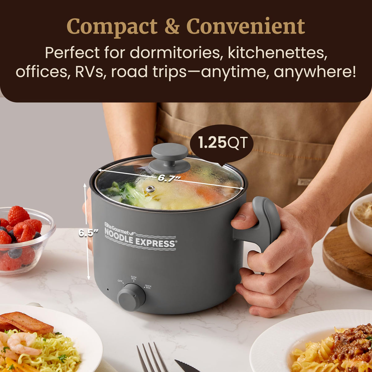 Elite Gourmet Noodle Express tempered-glass lid with steam vent for control.