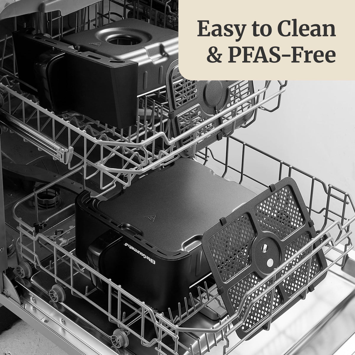Elite Gourmet PFAS-free nonstick baskets ensure easy release and cleanup.