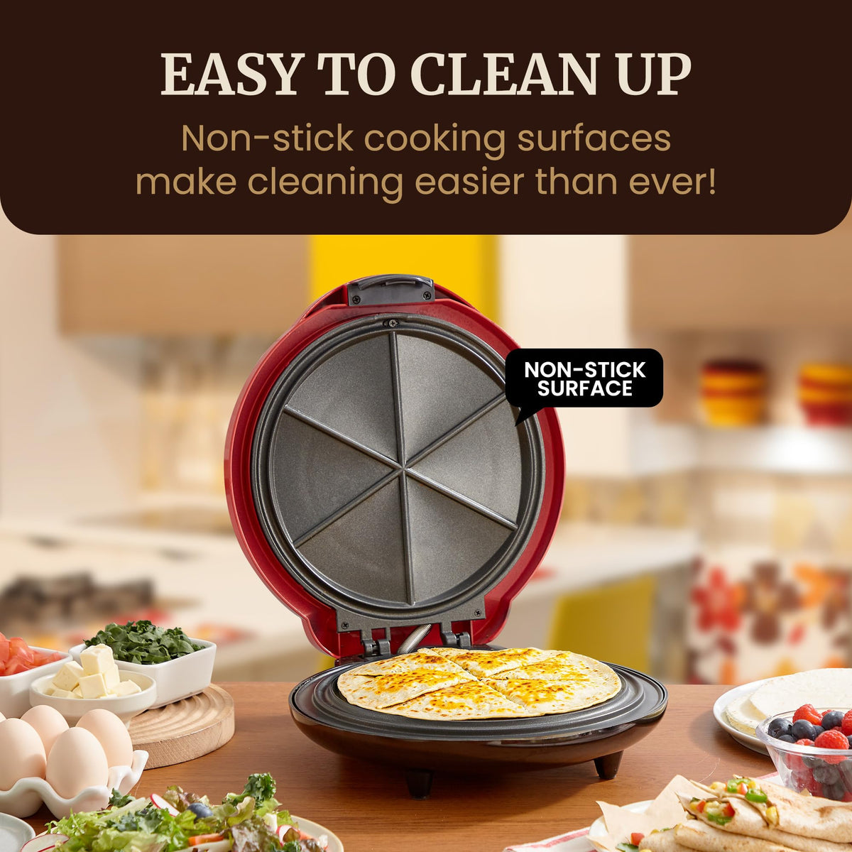 Elite Gourmet Quesadilla Maker with adjustable lid latch for thick fillings