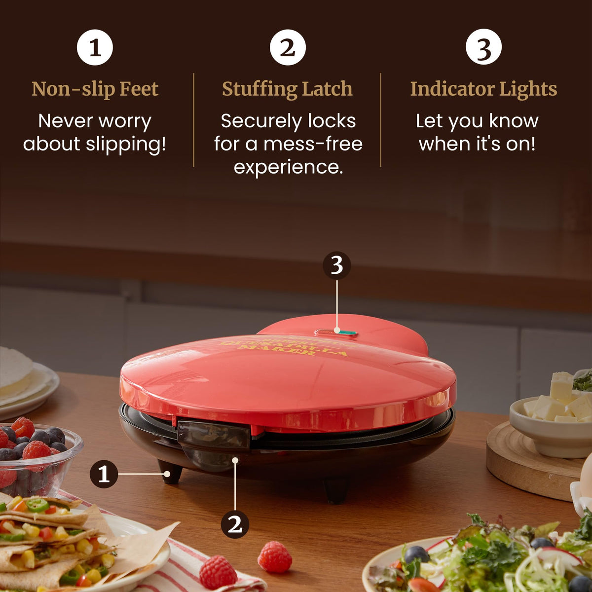 Elite Gourmet Quesadilla Maker stored upright to save kitchen space