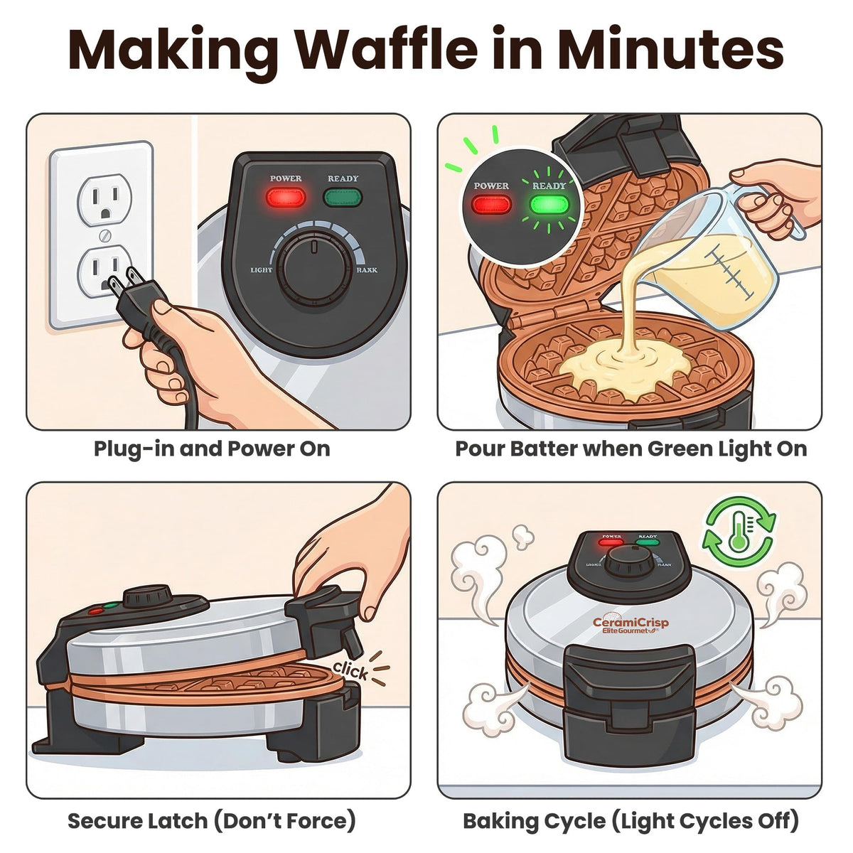 Elite Gourmet CeramiCrisp waffle maker features a secure latch for evenly cooked results.