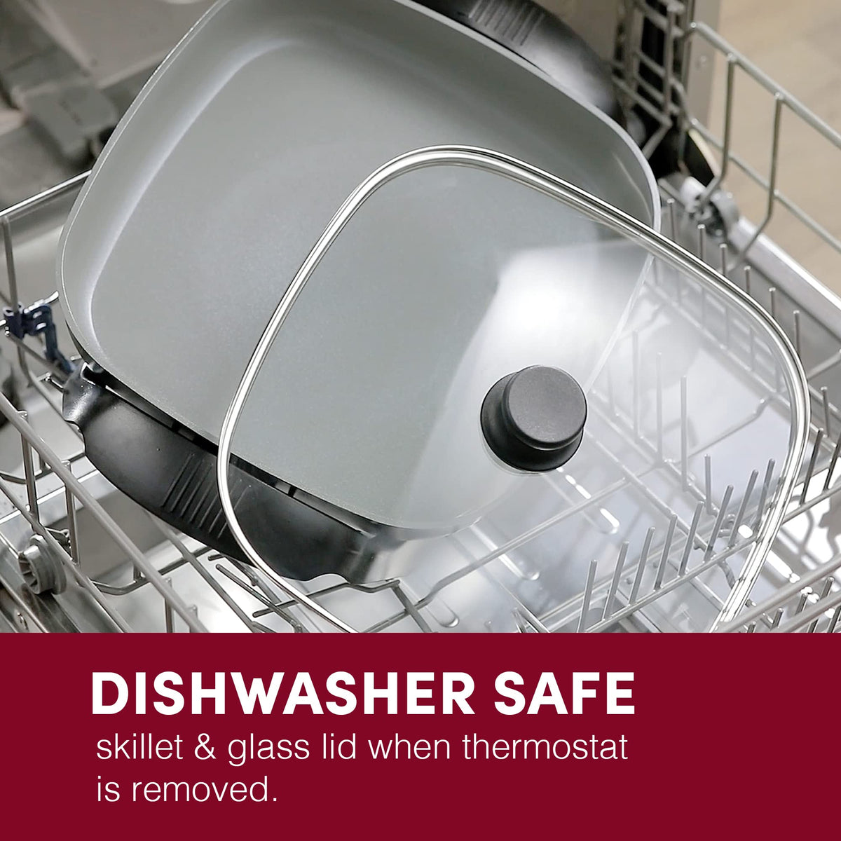 Elite Gourmet dishwasher-safe label indicating quick cleanup after cooking