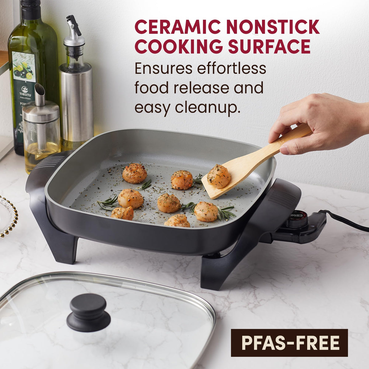 Elite Gourmet skillet with embedded heating element delivering rapid, even heat