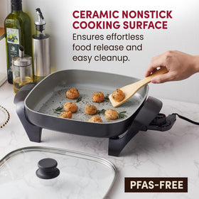 Elite Gourmet skillet with embedded heating element delivering rapid, even heat