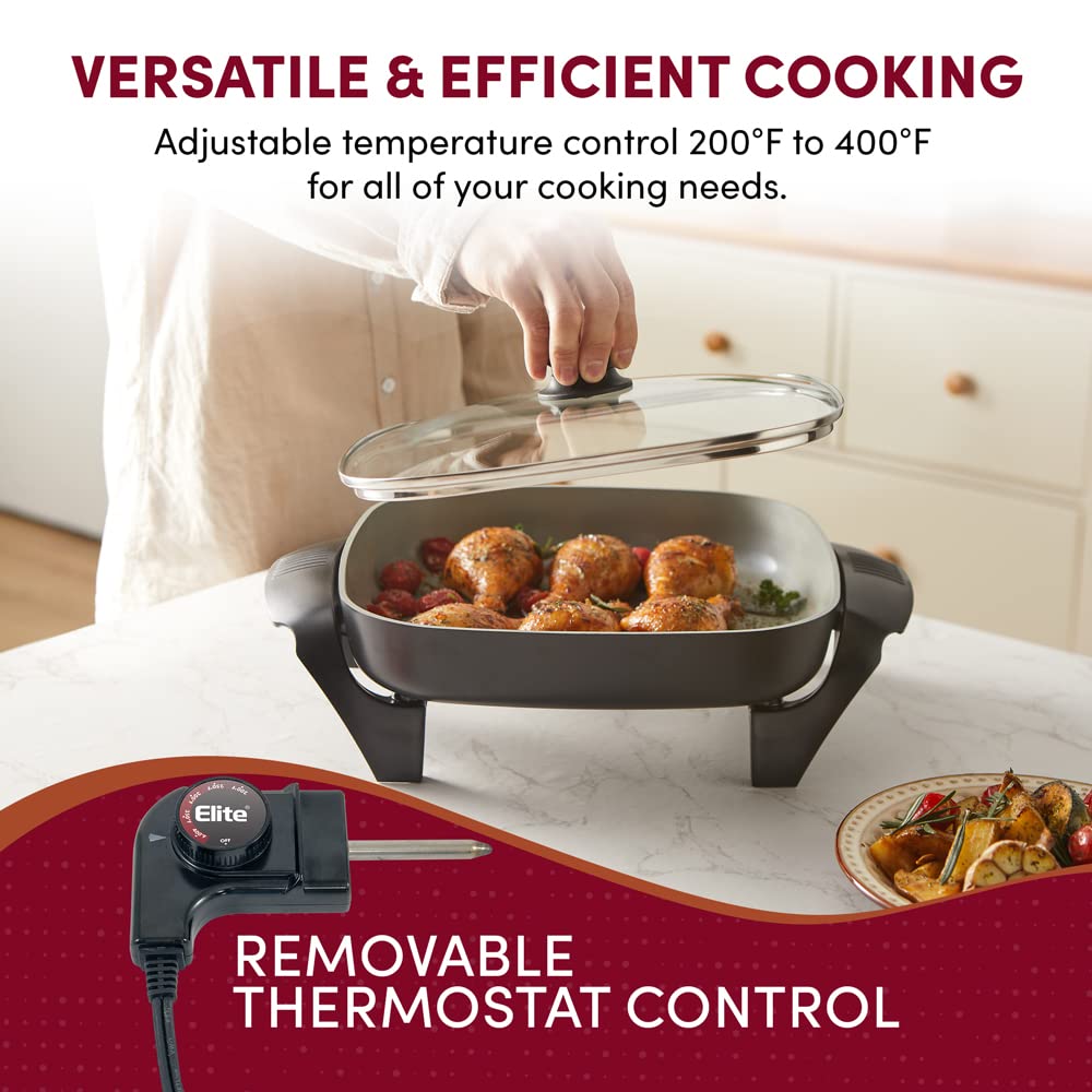 Elite Gourmet glass lid traps steam while monitoring progress
