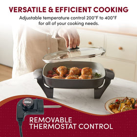 Elite Gourmet glass lid traps steam while monitoring progress