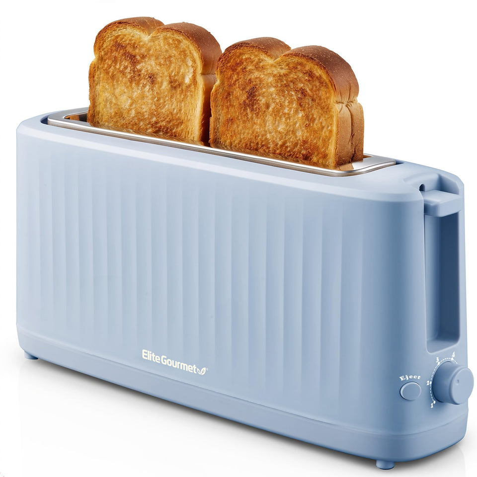 Elite Gourmet SlimToast 10-inch slot showcases extra-wide capacity for long artisan loaves.