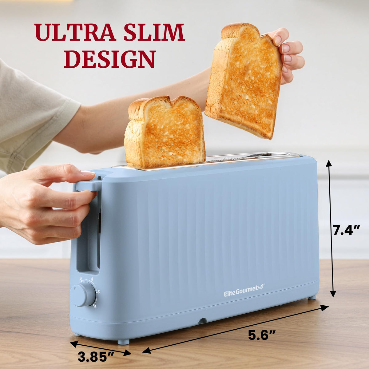 Elite Gourmet SlimToast extra-wide 1.5-inch slot fits bagels and waffles without crowding.