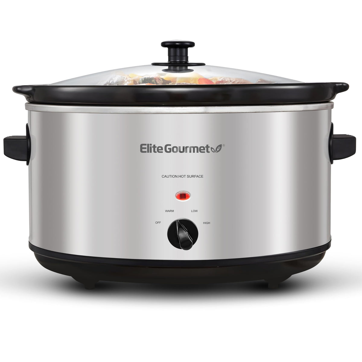 Elite Gourmet slow cooker front view highlights a spacious 8.5 qt capacity for family meals.