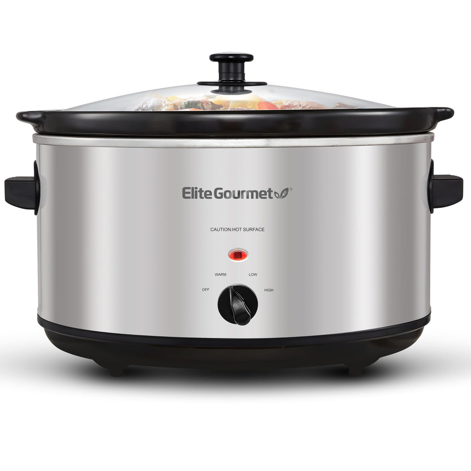 Elite Gourmet slow cooker front view highlights a spacious 8.5 qt capacity for family meals.