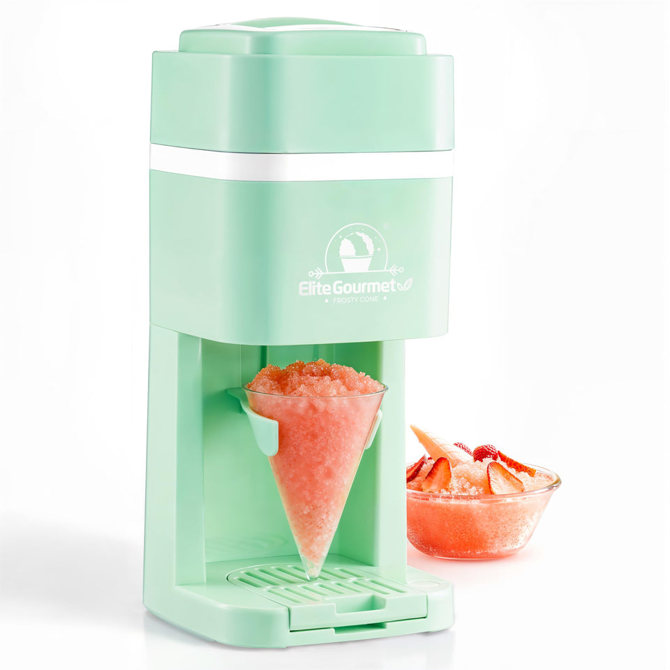 Elite Gourmet snow cone maker base shown with a stable no-slip design for safe countertop use.