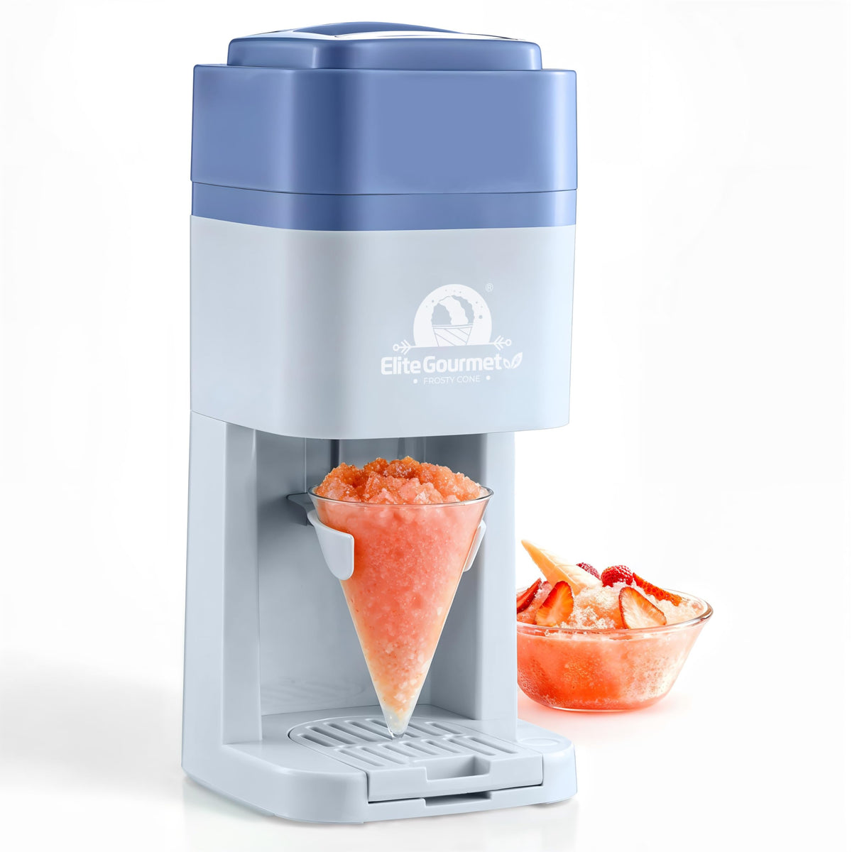 Elite Gourmet ESI2215P snow cone maker on base creates fluffy shaved ice.