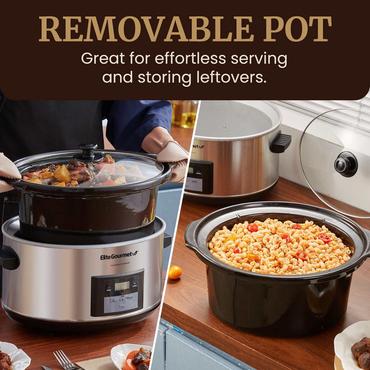 Elite Gourmet removable stoneware pot image demonstrates simple cleaning and versatile cooking.