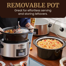 Elite Gourmet removable stoneware pot image demonstrates simple cleaning and versatile cooking.