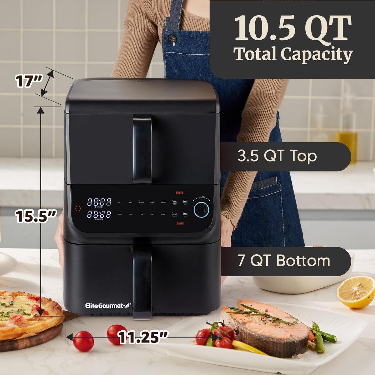 Elite Gourmet Sync Cook feature enables synchronized finishes across baskets.