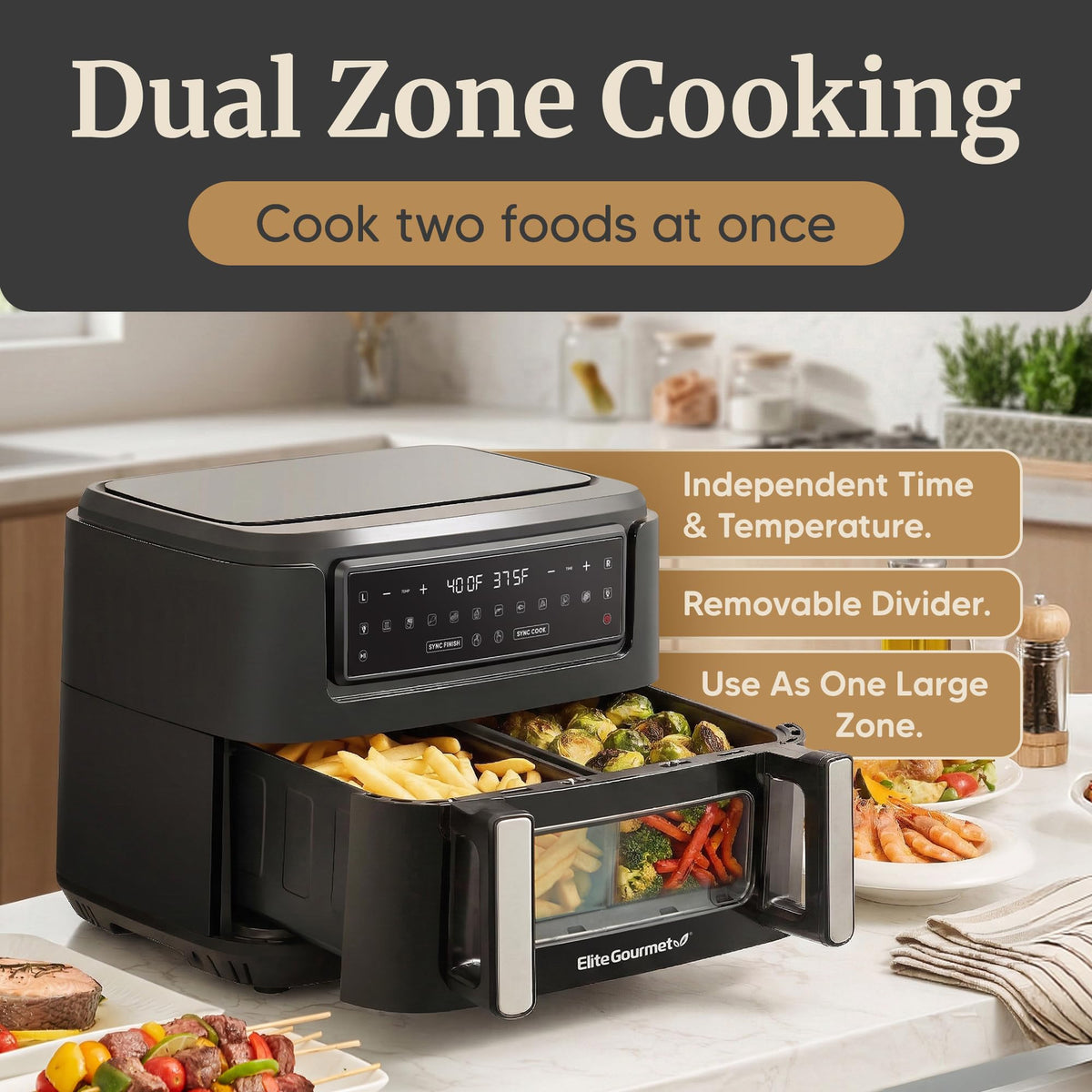 Elite Gourmet SYNC FINISH aligning cook times for synchronized meals