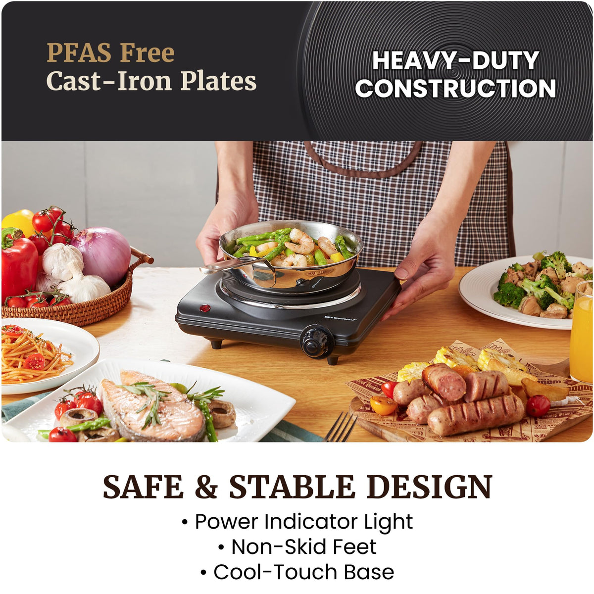 Elite Gourmet adjustable heat level dial for precise cooking control.