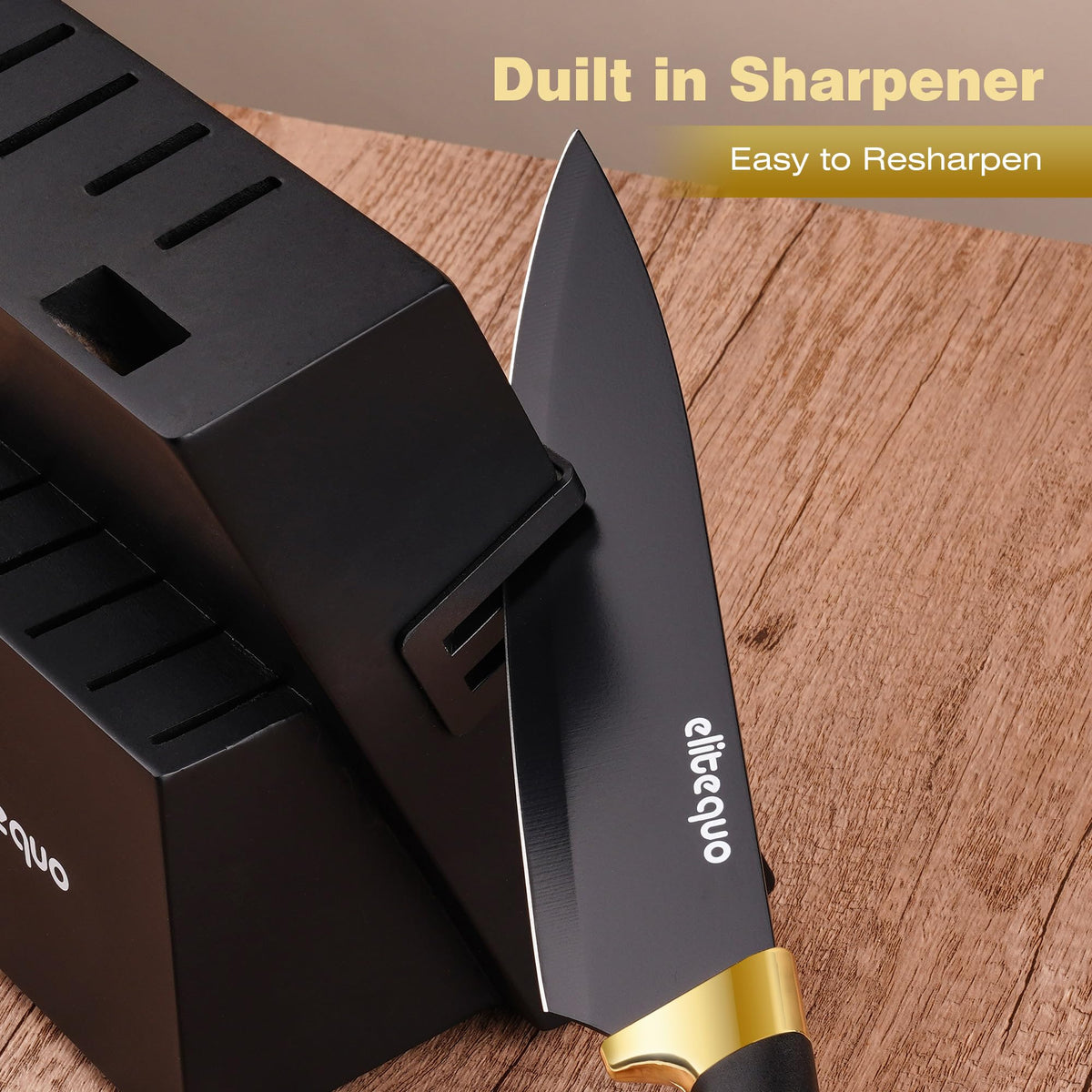 Elitequo built-in sharpener in block keeps blades ready.