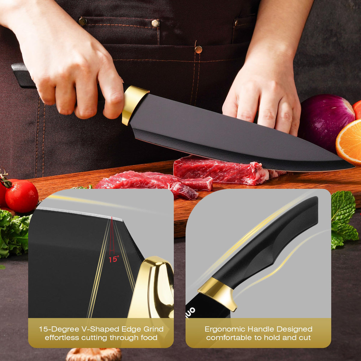 Elitequo ceramic blade with 15° V-edge delivers effortless slicing.