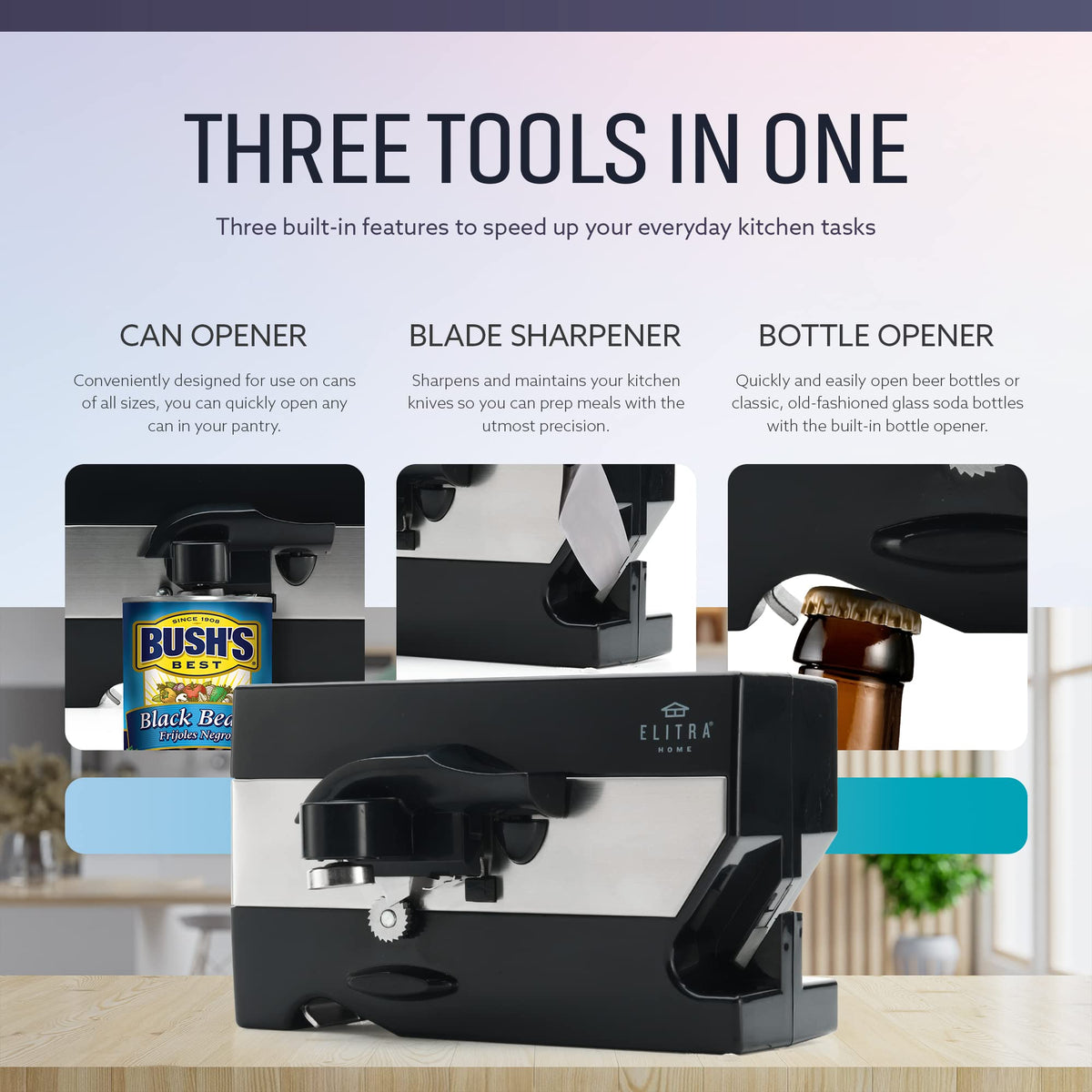 ELITRA HOME smooth-edge can opener on under-cabinet keeps counters clean.