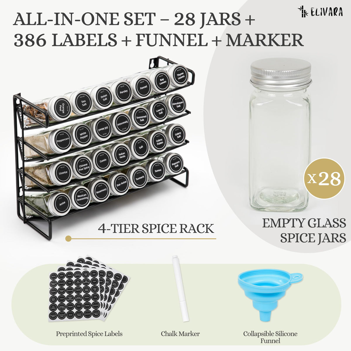 ELIVARA 28 glass spice jars with airtight lids preserve flavors.