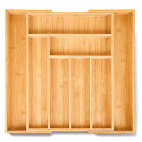 Elivara bamboo drawer organizer close-up highlights sustainable material.