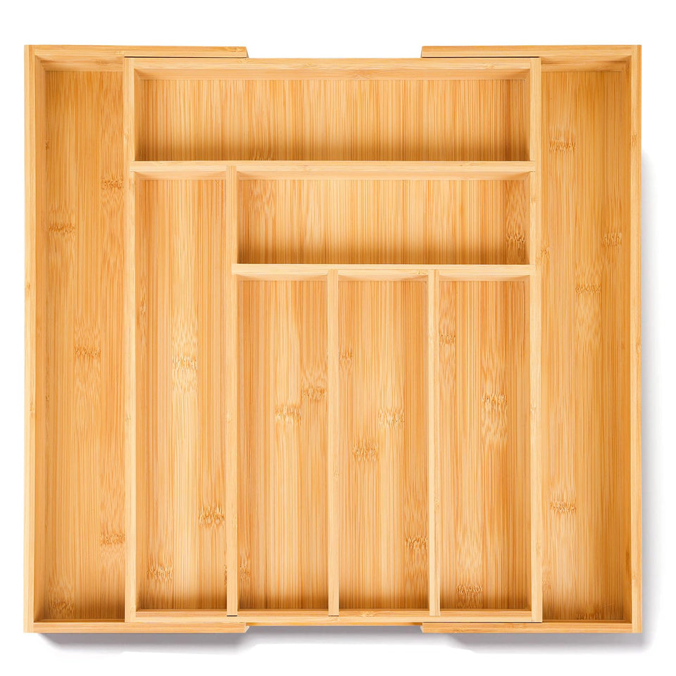 Elivara bamboo drawer organizer close-up highlights sustainable material.