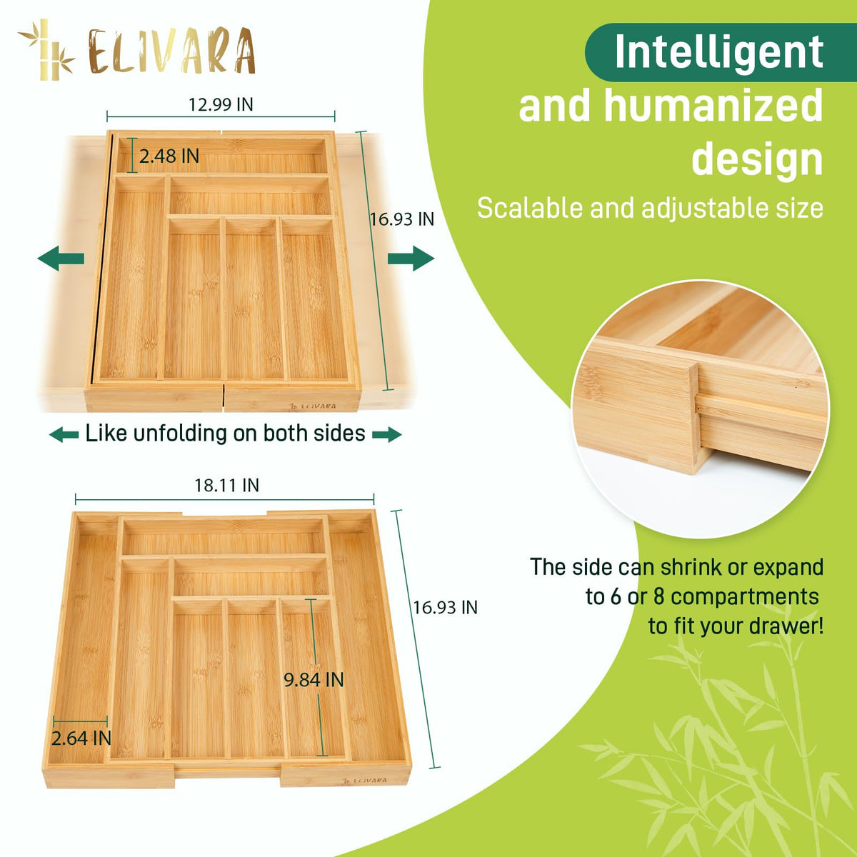 Elivara bamboo organizer in a kitchen setting organizes cutlery and tools.