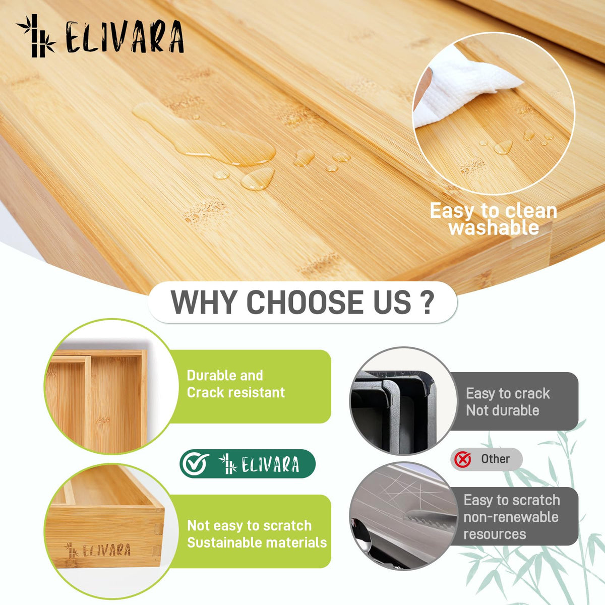 Elivara bamboo drawer organizer compartments adapt to fit utensils and office supplies.