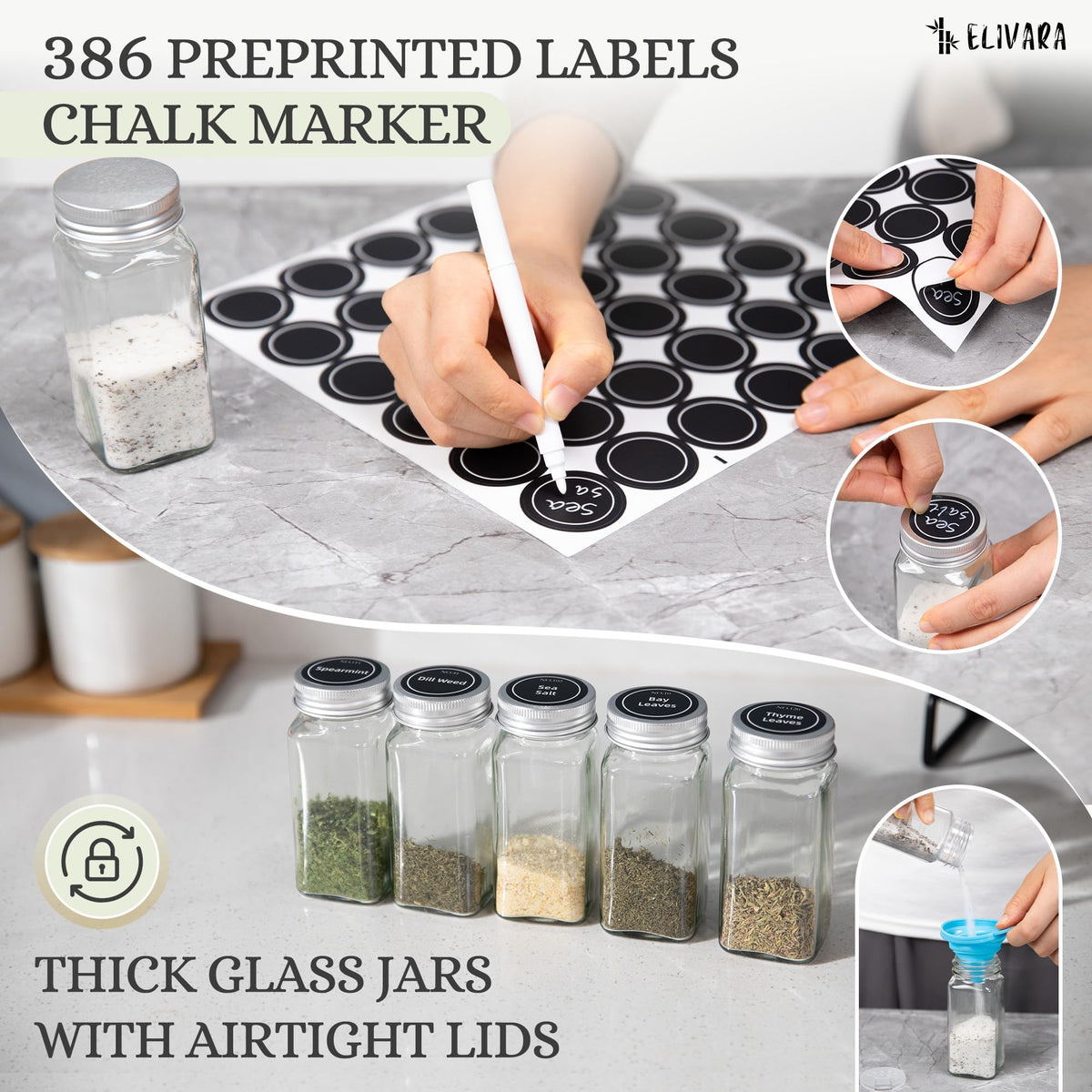ELIVARA chalk marker enables custom labeling for versatile spice categories.