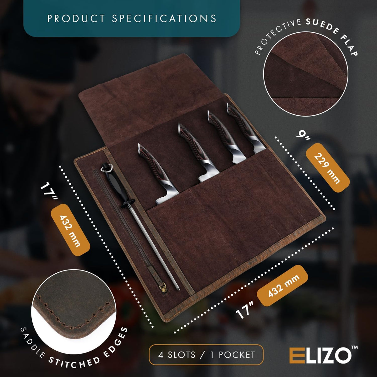 ELIZO knife roll strap and buckle secure tools during transport.