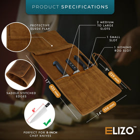 ELIZO knife roll bag opened to reveal protective suede interior and padding.