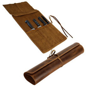 ELIZO leather knife roll bag with four secure slots for chef knives.