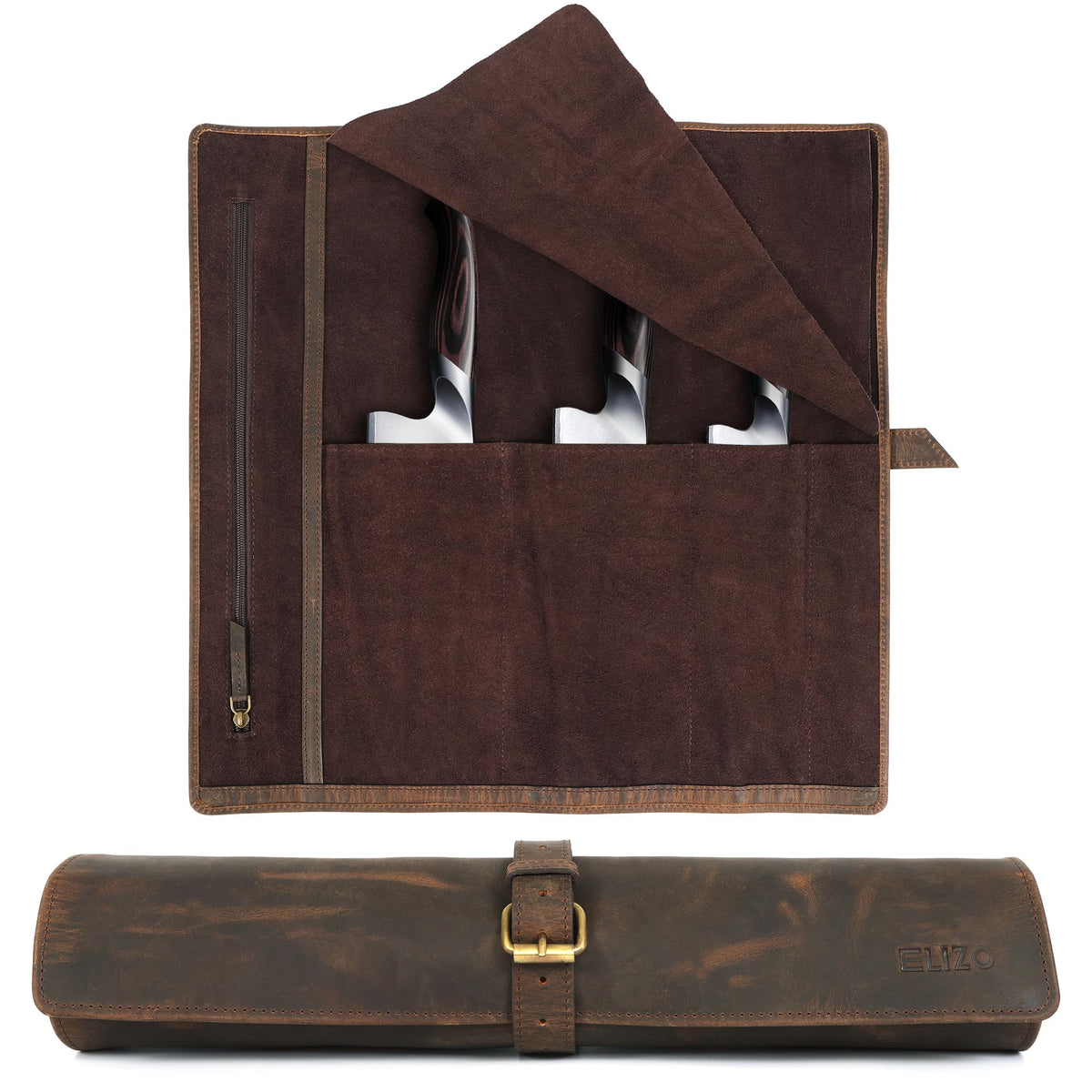ELIZO leather knife roll exterior with durable full-grain leather provides lasting protection.