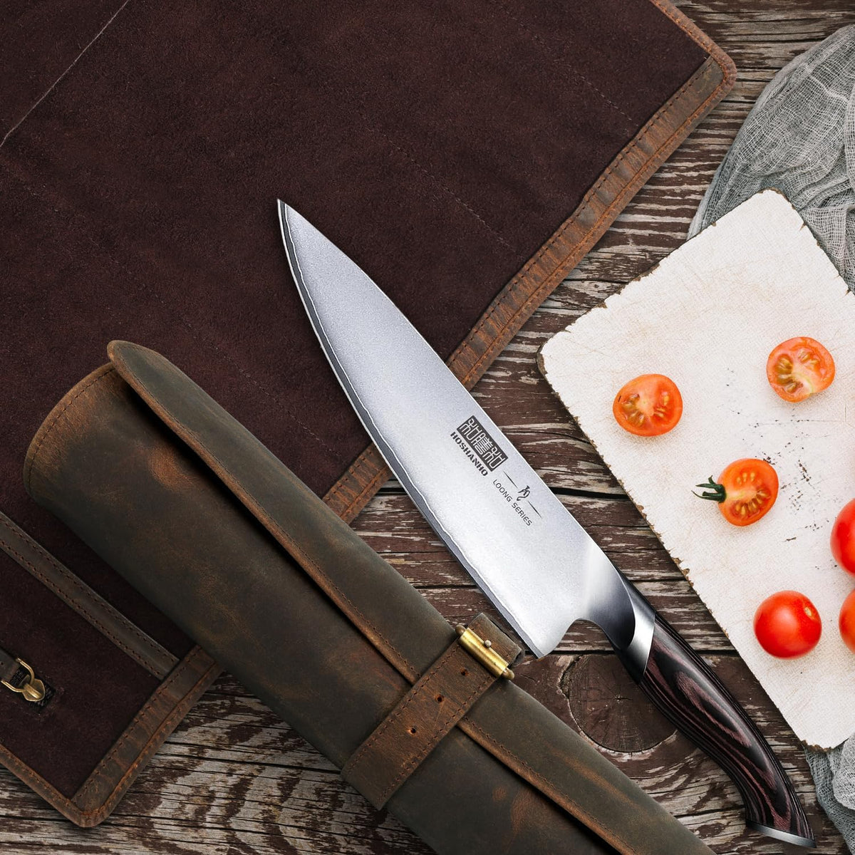 ELIZO leather knife roll interior cushions blades in soft suede for scratch-free storage.
