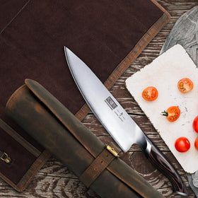 ELIZO leather knife roll interior cushions blades in soft suede for scratch-free storage.