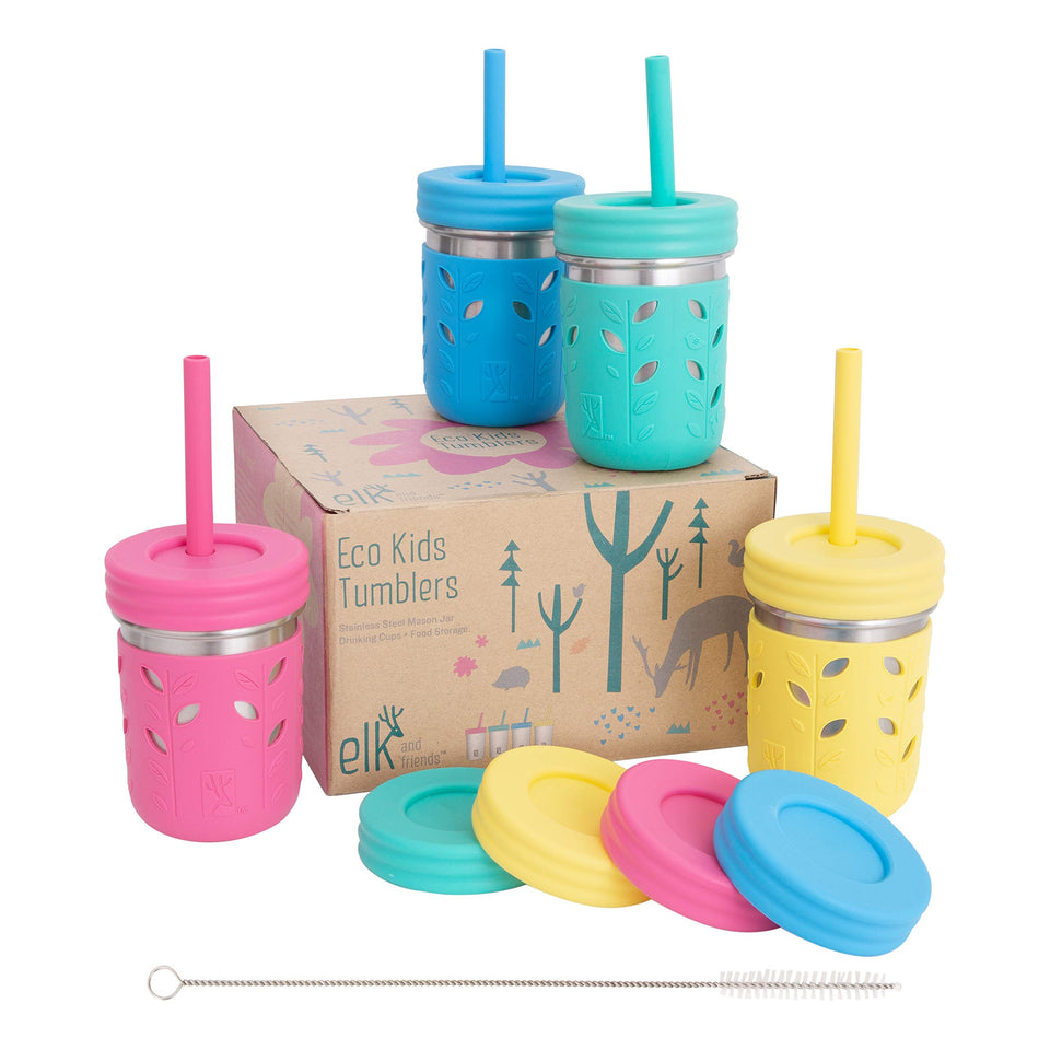 Elk and Friends 10oz mason jar with silicone sleeve for kid-friendly grip
