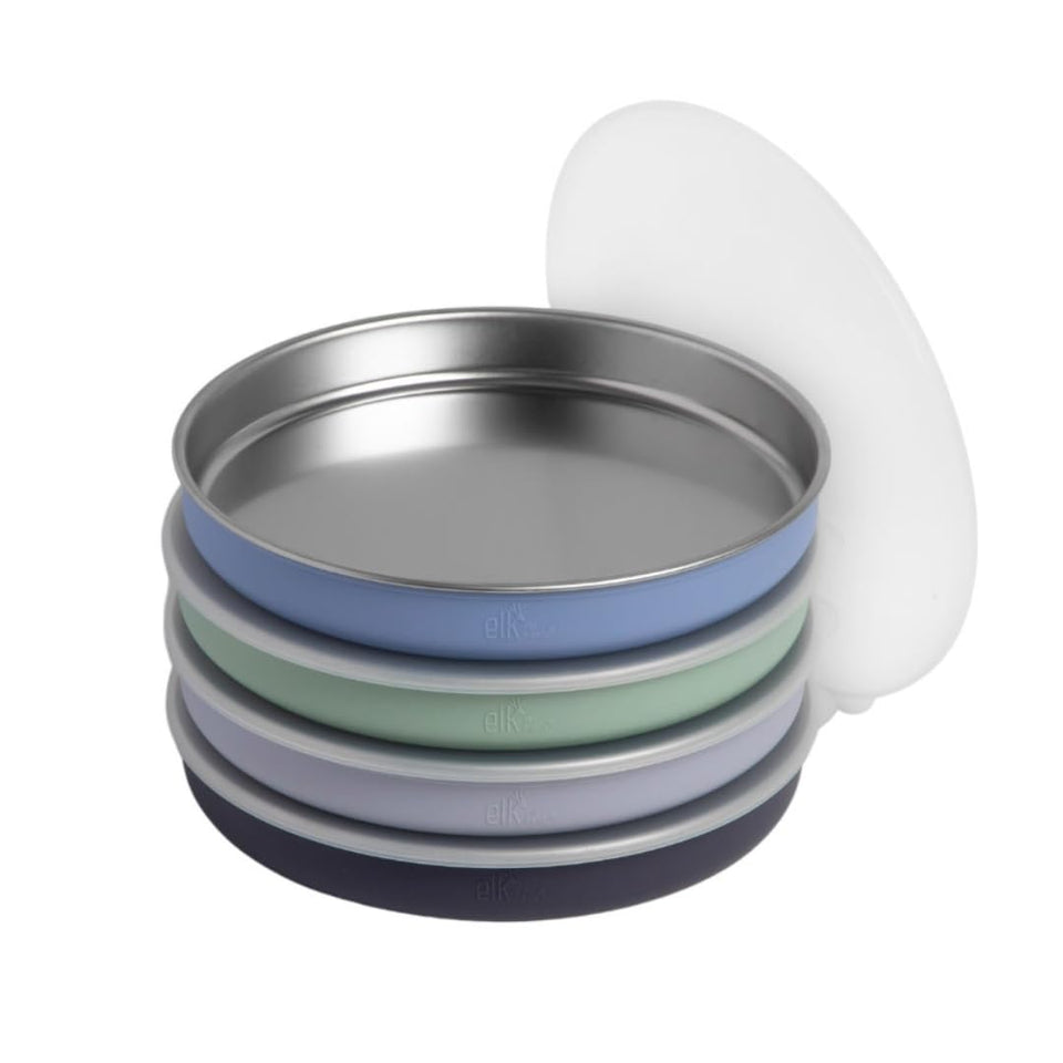 Elk and Friends 7.8-inch plate with silicone sleeve on table, steady for independent eating.