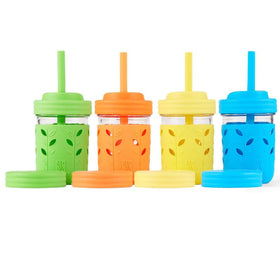 Elk and Friends 8oz glass mason jar with sleeve protecting little hands outdoors.