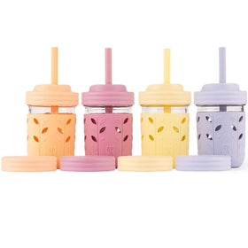 Elk and Friends 8oz glass mason jar with sleeve for kid-friendly hand grip.