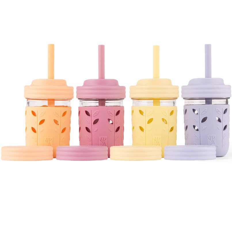 Elk and Friends 8oz glass mason jar with sleeve for kid-friendly hand grip.