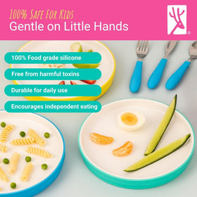Elk and Friends high-walled plate aids scooping for toddlers.