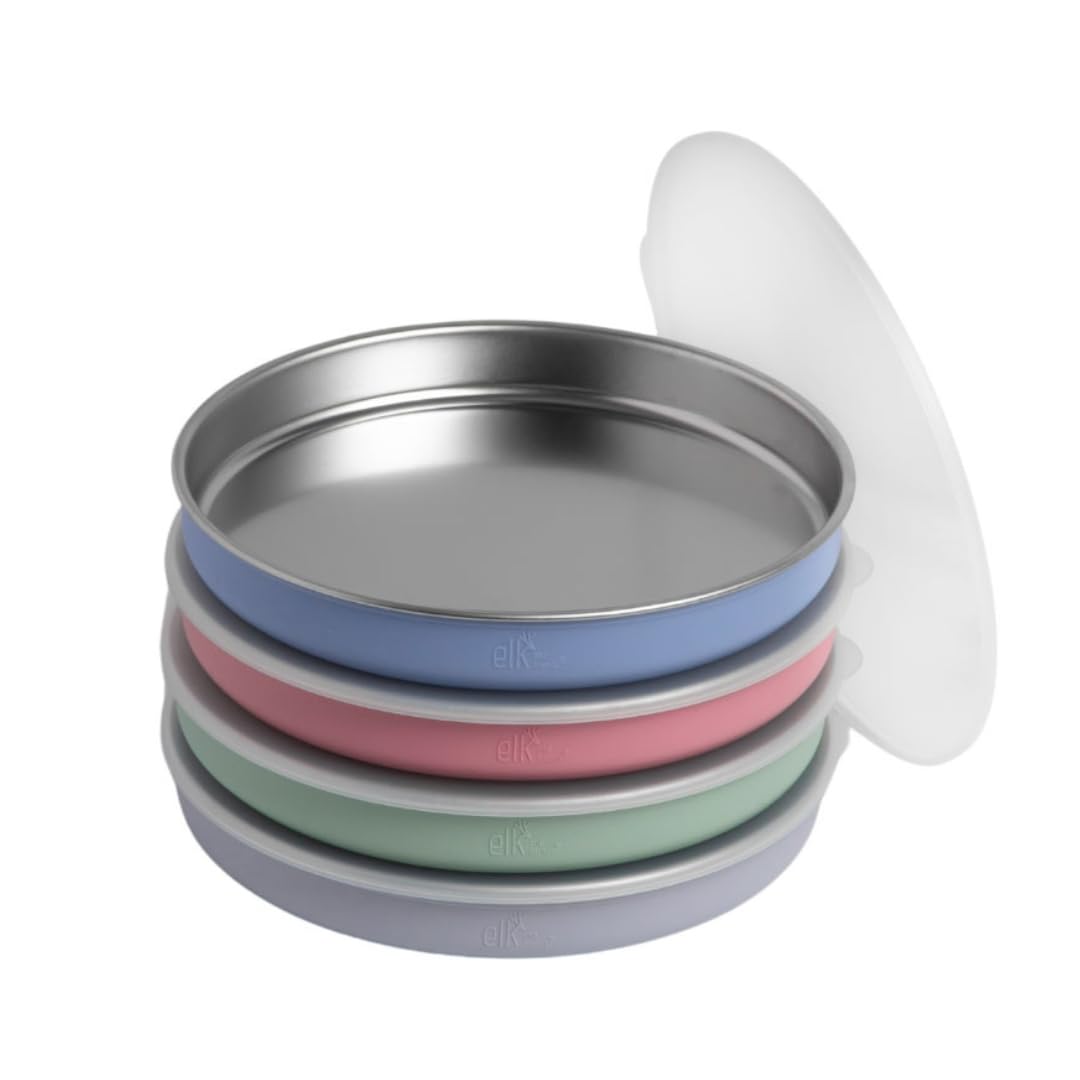 Elk and Friends 7.8-inch plate with silicone sleeve for kid-friendly grip and mess reduction.