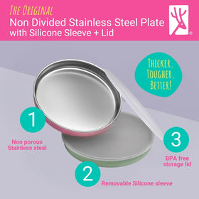 Elk and Friends plate closeup shows durable silicone sleeve for non-slip grip.