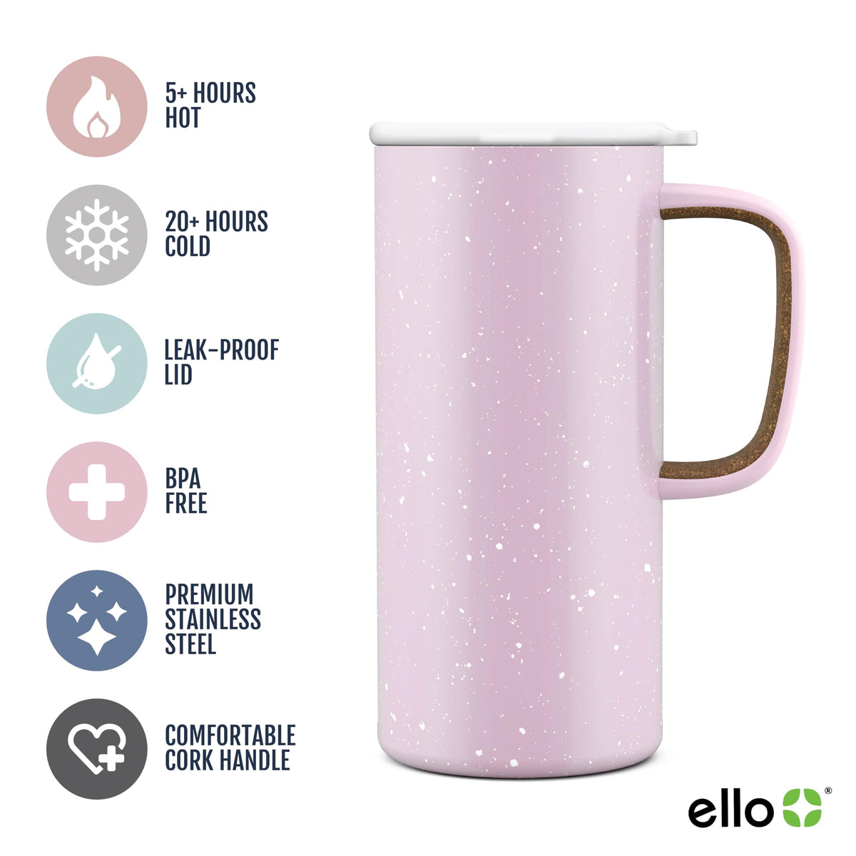Ello Campy pink satin mug with leak-proof lid for spill-free travel.