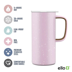 Ello Campy pink satin mug with leak-proof lid for spill-free travel.