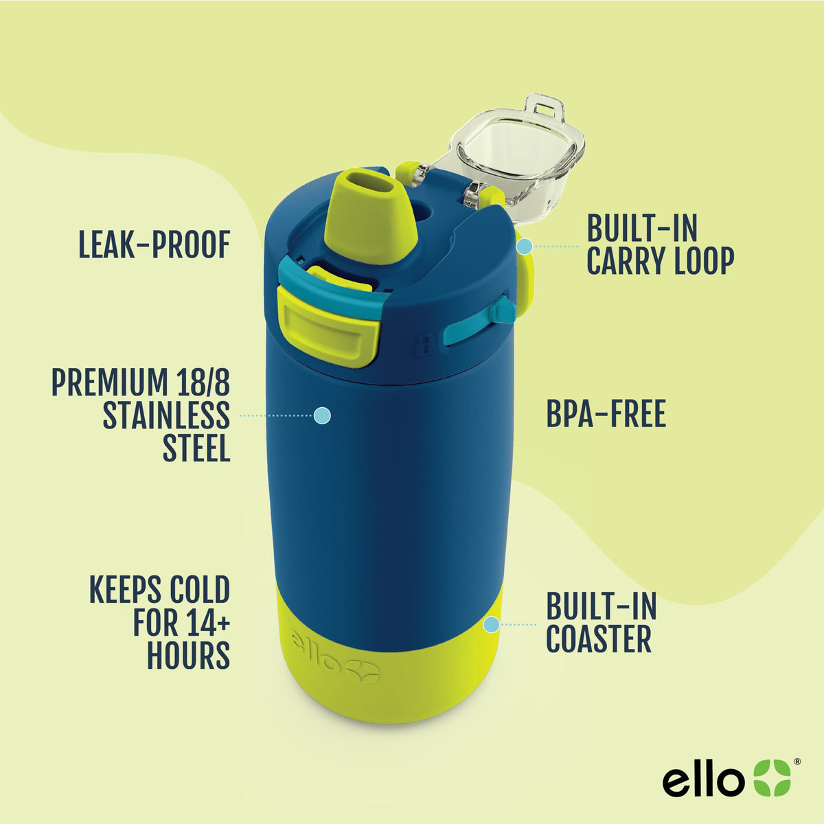 Ello Colby bottle leak-proof lid keeps drinks secure during school and sports.