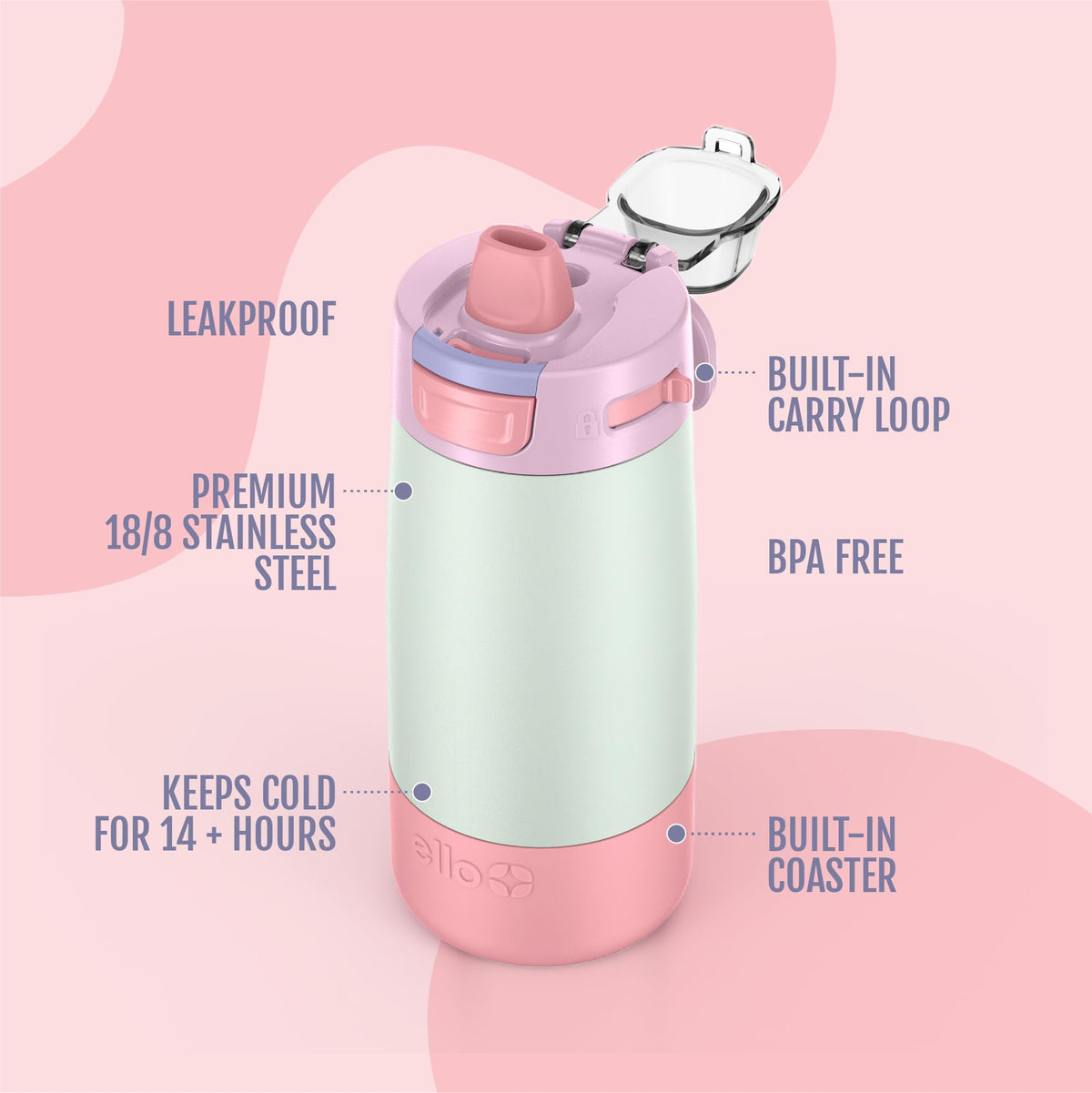 Ello Colby leak-proof locking lid enables one-handed use with minimal spills.