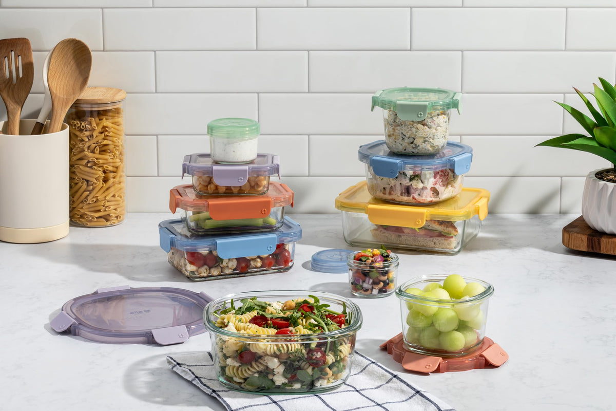 Ello Color Lock mixed sizes glass containers for versatile meal prep.
